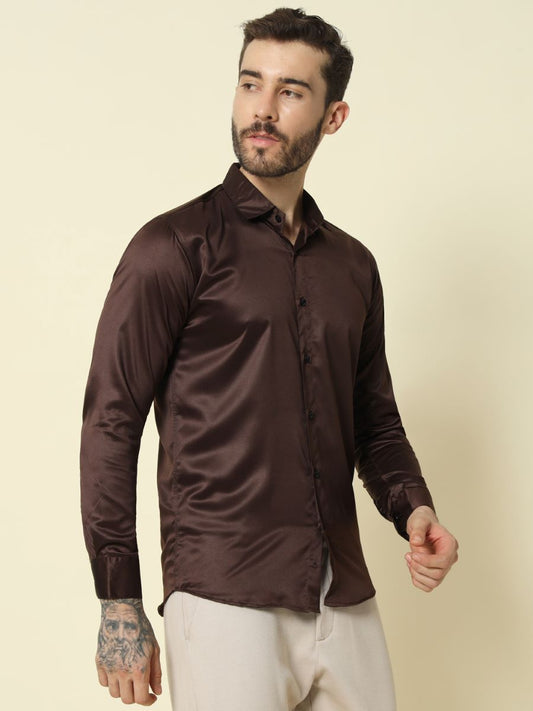 Solid Shiny Solid Dark Brown Shirt For Men