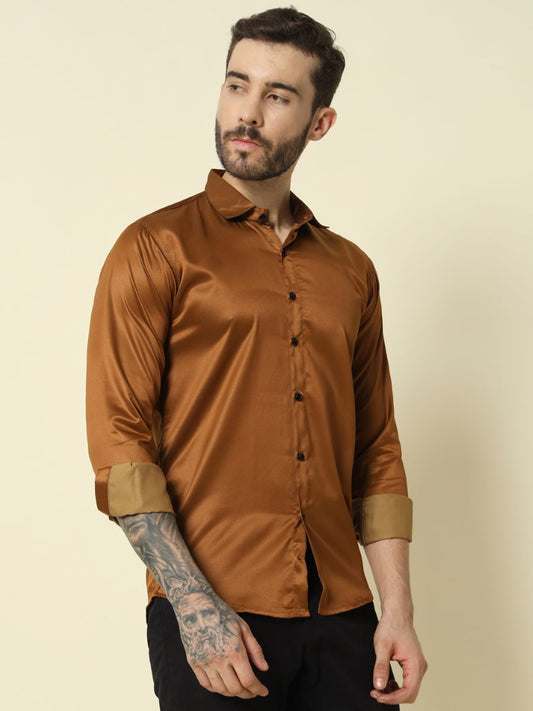 Solid Shiny Solid Brown Shirt For Men