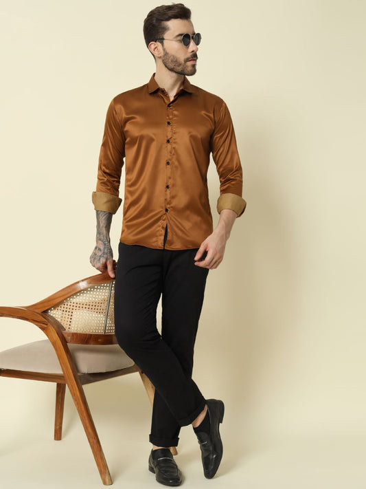 Solid Shiny Solid Brown Shirt For Men