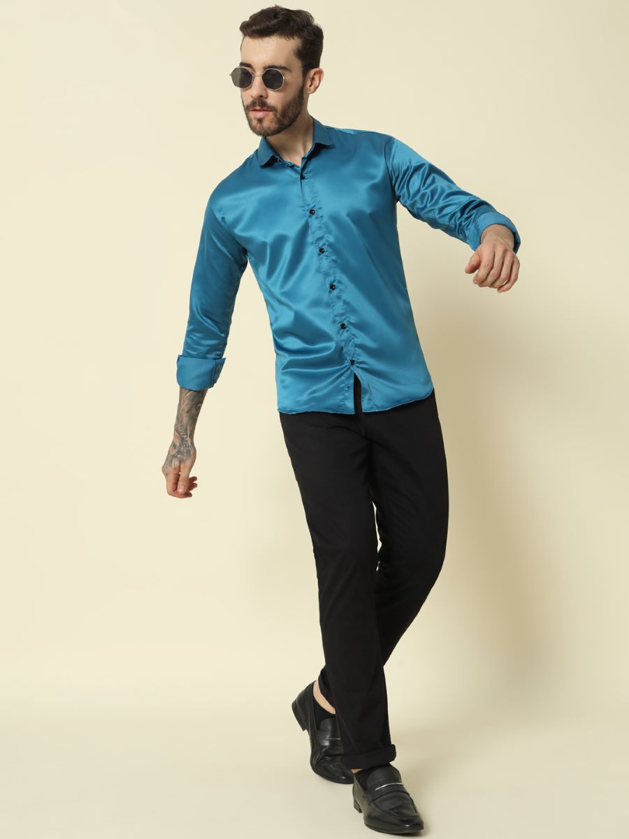 Solid Shiny Solid Teal Shirt For Men