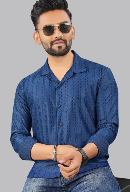 Royal Blue zig zag Textured Full Sleeves Casual Shirt