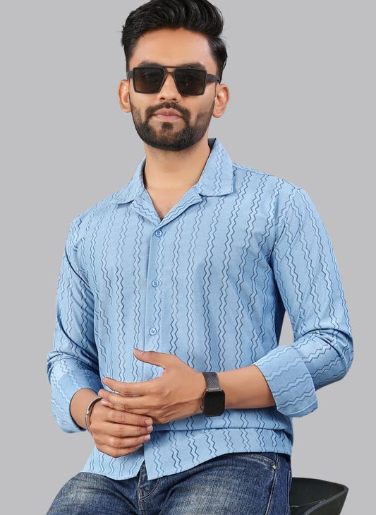 Sky Blue zig zag Textured Full Sleeves Casual Shirt