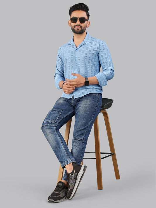 Sky Blue zig zag Textured Full Sleeves Casual Shirt