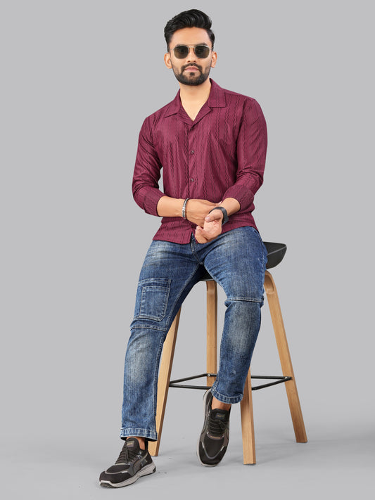 Wine zig zag Textured Full Sleeves Casual Shirt