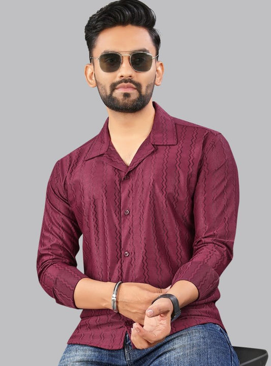 Wine zig zag Textured Full Sleeves Casual Shirt