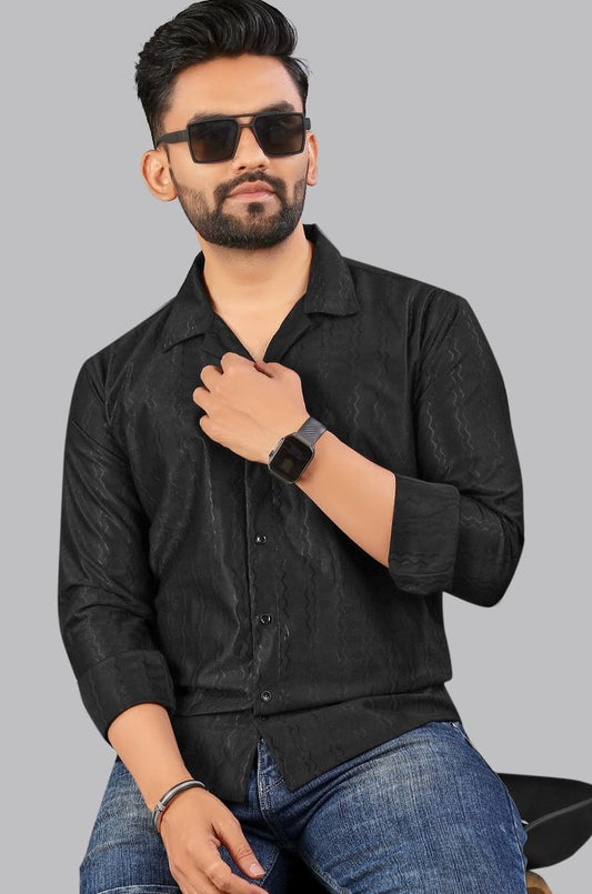 Black zig zag Textured Full Sleeves Casual Shirt