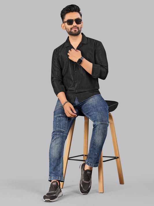 Black zig zag Textured Full Sleeves Casual Shirt