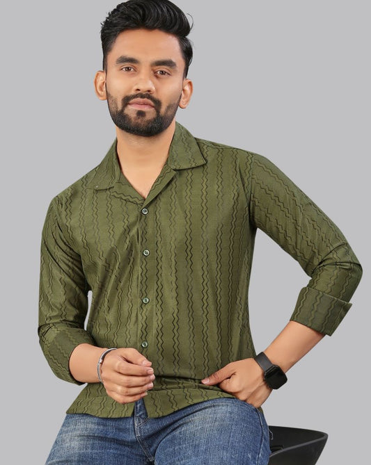 Olive Green Zig Zag Textured Full Sleeves Casual Shirt
