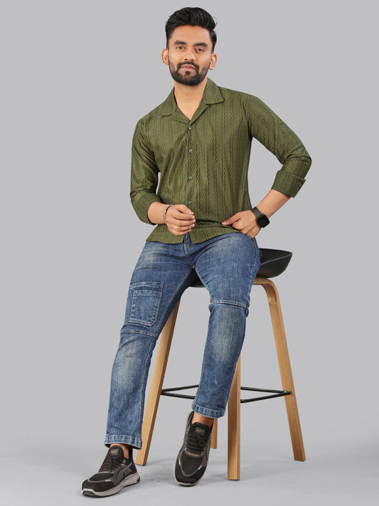 Olive Green Zig Zag Textured Full Sleeves Casual Shirt