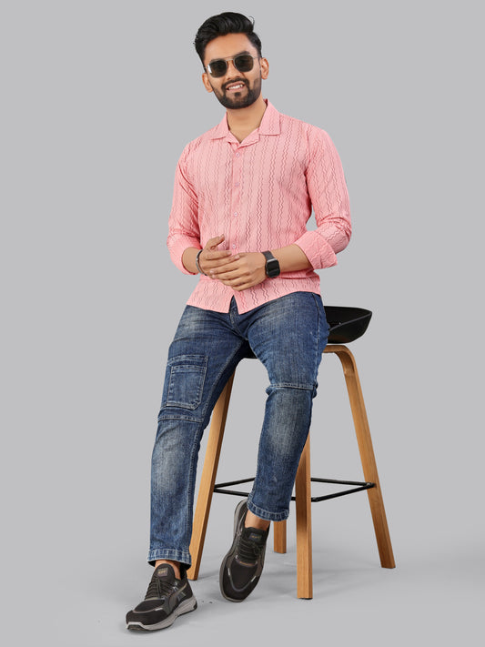 Pink Zig zag Textured Full Sleeves Casual Shirt