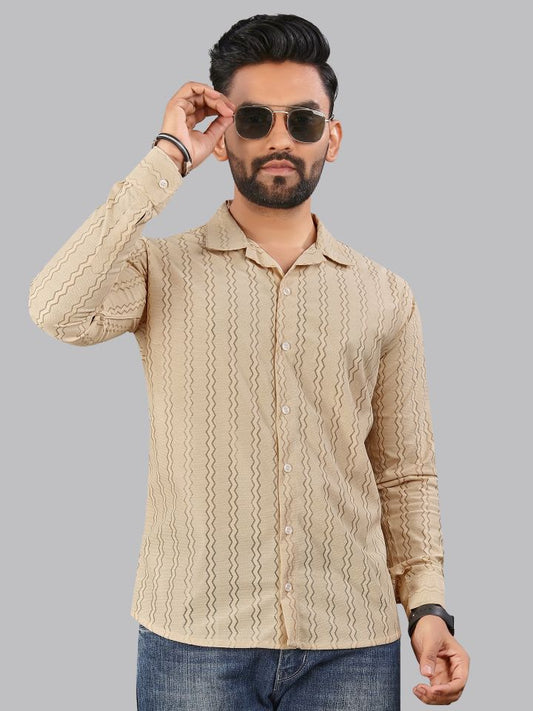 Beige zig zag Textured Full Sleeves Casual Shirt