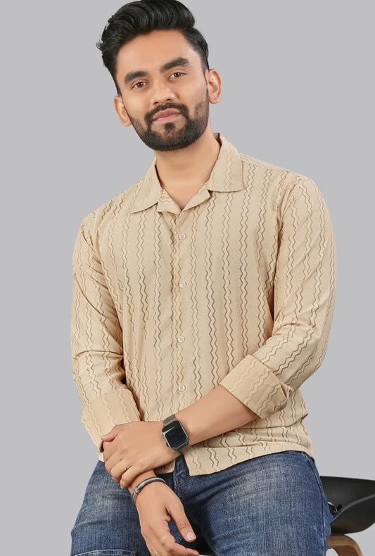 Beige zig zag Textured Full Sleeves Casual Shirt