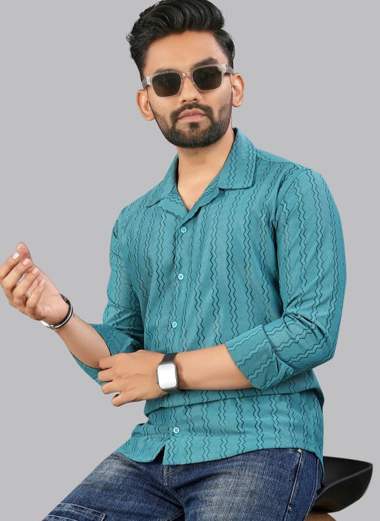 Teal Blue zig zag Textured Full Sleeves Casual Shirt