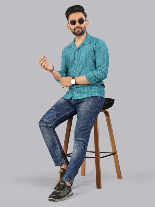Teal Blue zig zag Textured Full Sleeves Casual Shirt