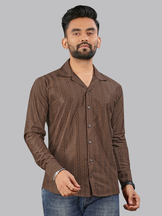 Brown zig zag Textured Full Sleeves Casual Shirt