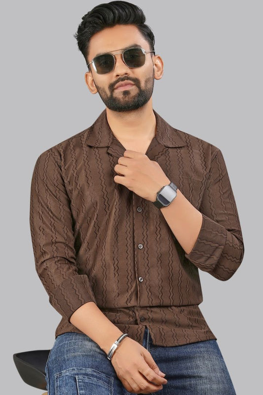 Brown zig zag Textured Full Sleeves Casual Shirt