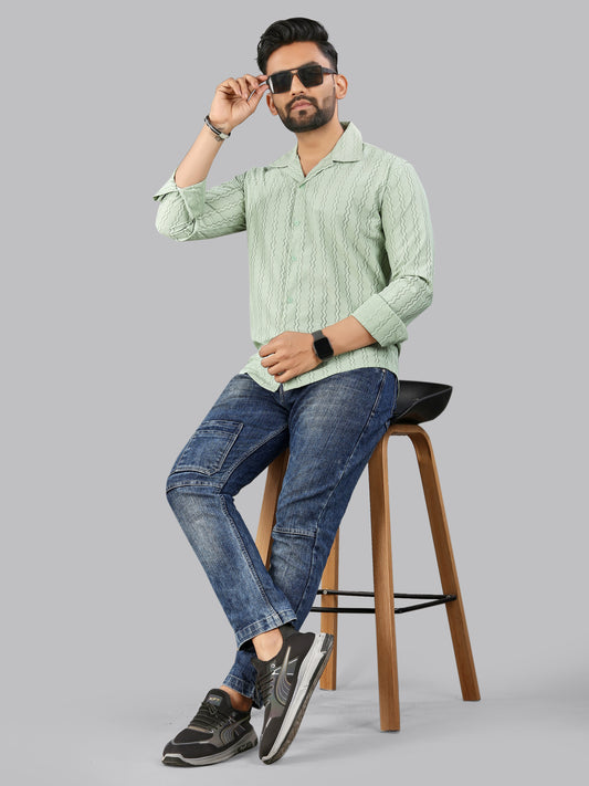 Light Green zig zag Textured Full Sleeves Casual Shirt
