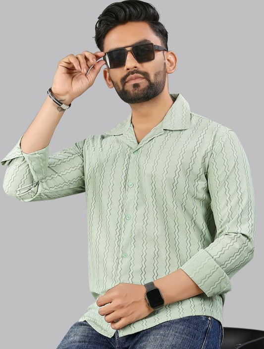 Light Green zig zag Textured Full Sleeves Casual Shirt