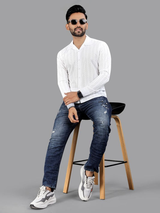 White zig zag Textured Full Sleeves Casual Shirt