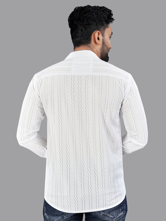 White zig zag Textured Full Sleeves Casual Shirt
