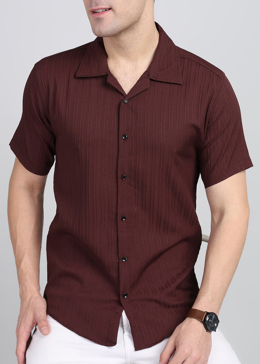 Maroon Textured Solid Half Sleeves Shirt