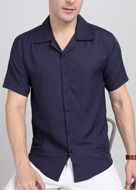 Navy Blue Textured Solid Half Sleeves Shirt