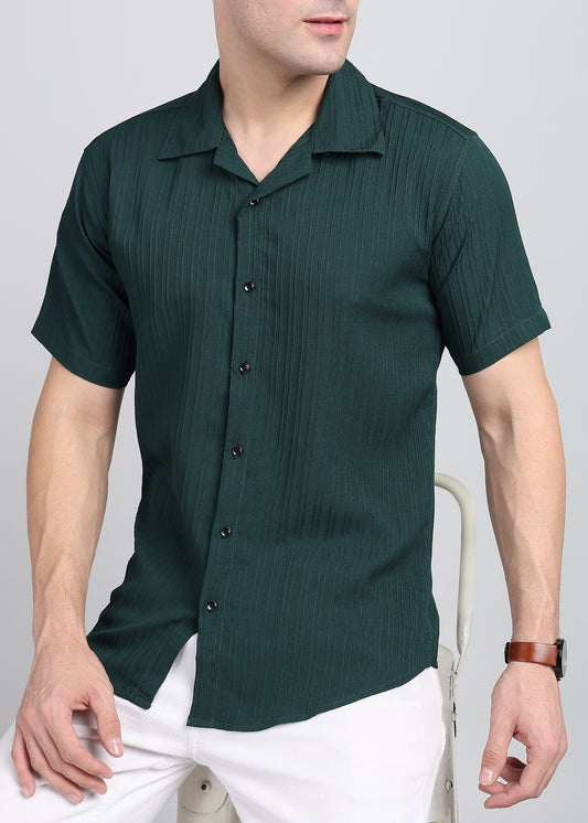 Dark Green Textured Solid Half Sleeves Shirt