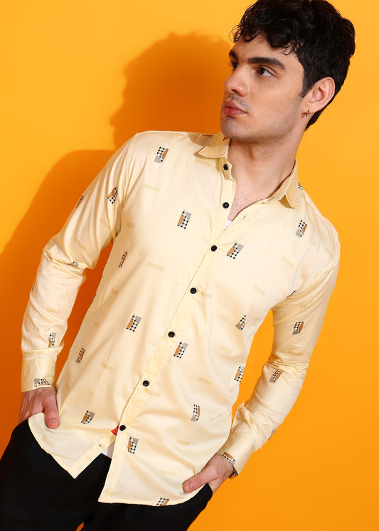 Cream Printed Casual Shirt For Men