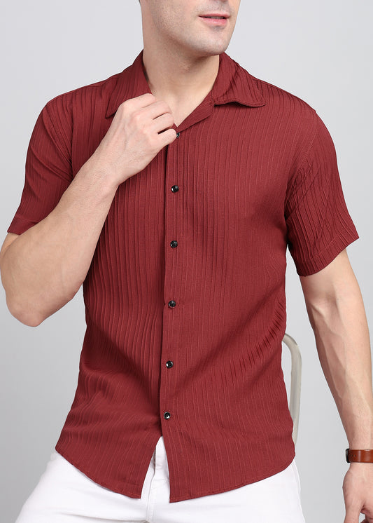 Red Textured Solid Half Sleeves Shirt