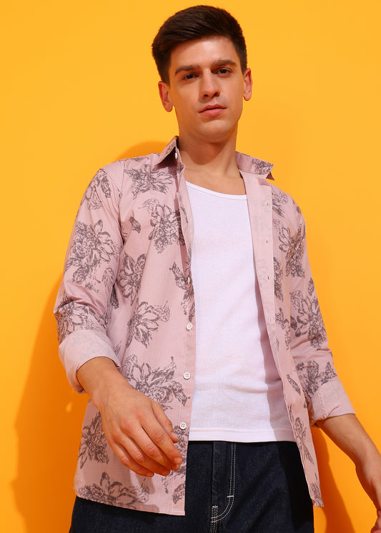 Pink Big Floral Printed  Casual Shirt For Men