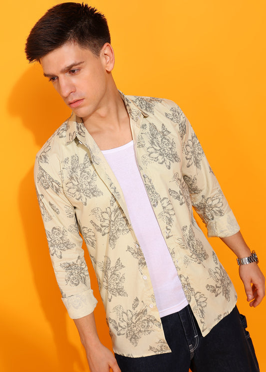 Yellow Big Floral Printed  Casual Shirt For Men