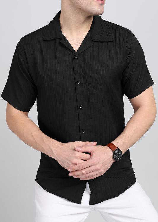 Black Textured Solid Half Sleeves Shirt