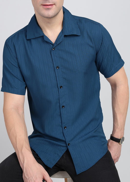 Teal Textured Solid Half Sleeves Shirt