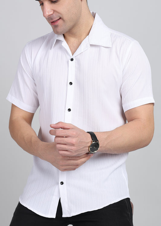 White Textured Solid Half Sleeves Shirt