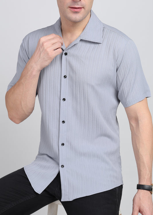 Light Grey Textured Solid Half Sleeves Shirt