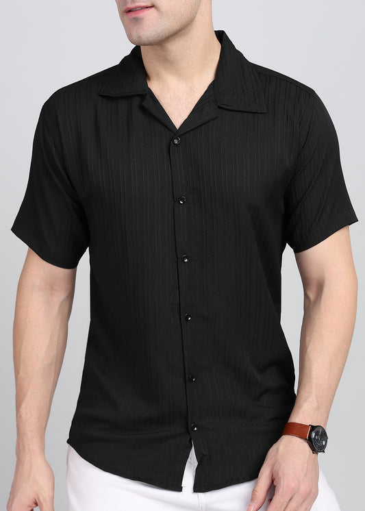 Black Textured Solid Half Sleeves Shirt