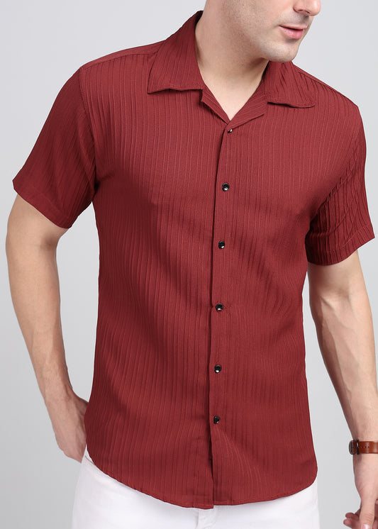 Red Textured Solid Half Sleeves Shirt
