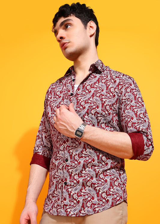 Maroon Ethnic motif Printed Casual Shirt For Men