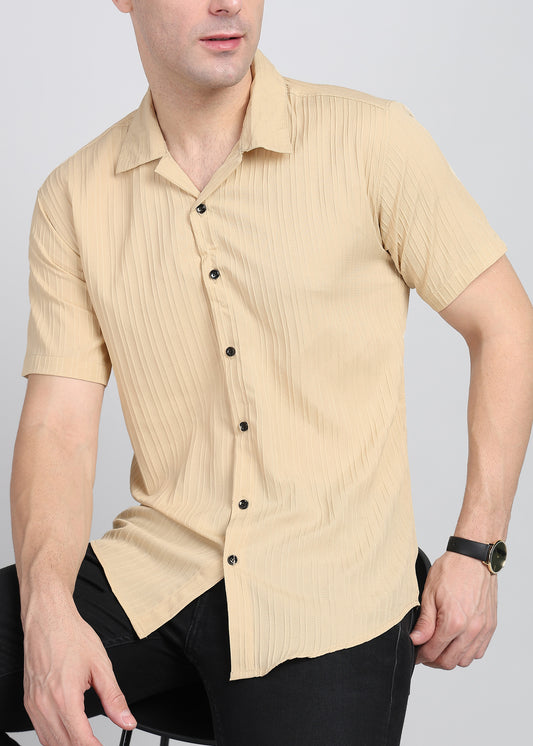 Beige Textured Solid Half Sleeves Shirt