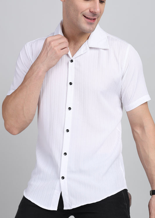 White Textured Solid Half Sleeves Shirt