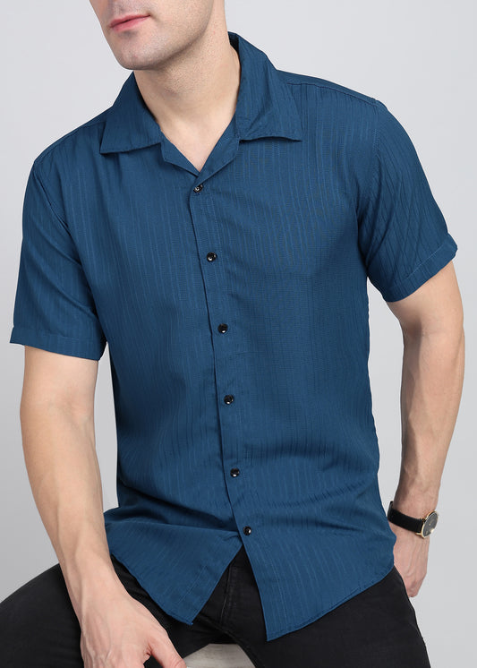 Teal Textured Solid Half Sleeves Shirt
