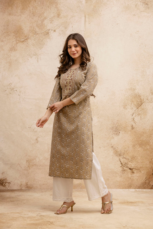 Beige Printed Embroidered Cotton Straight Kurta.