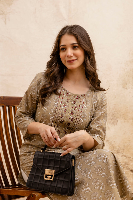 Beige Printed Embroidered Cotton Straight Kurta.