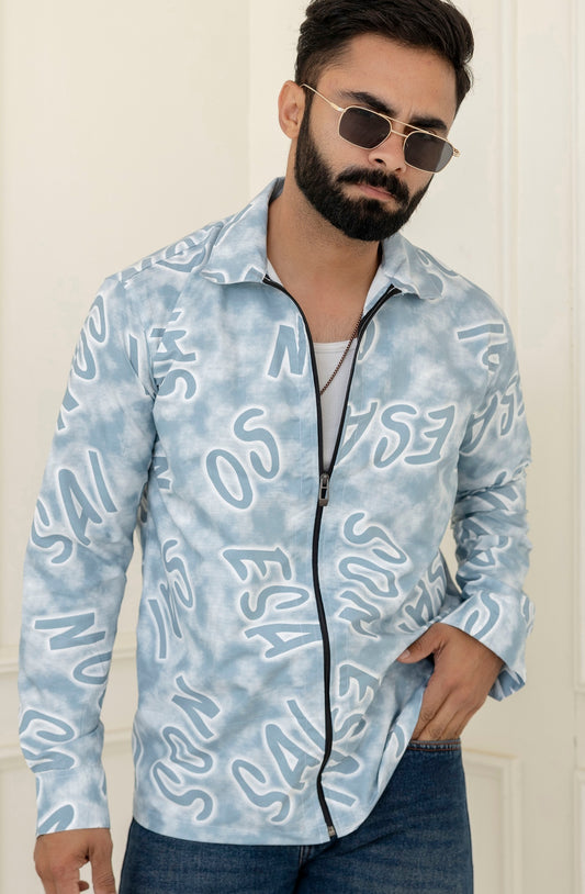 Alphabet Print Zip Blue Shirt
