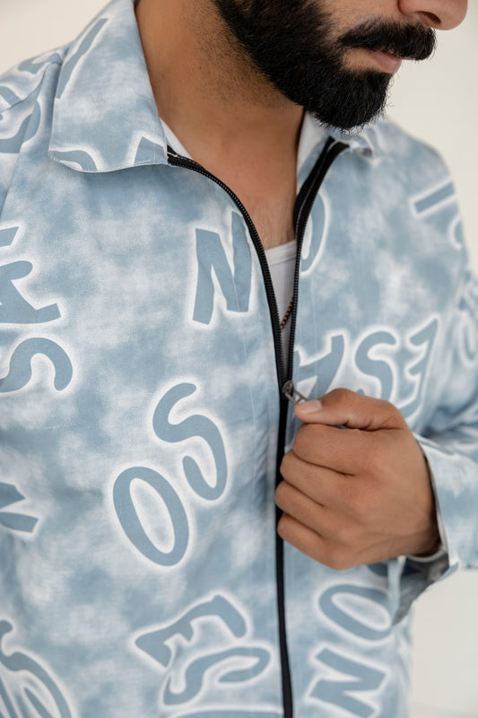 Alphabet Print Zip Blue Shirt
