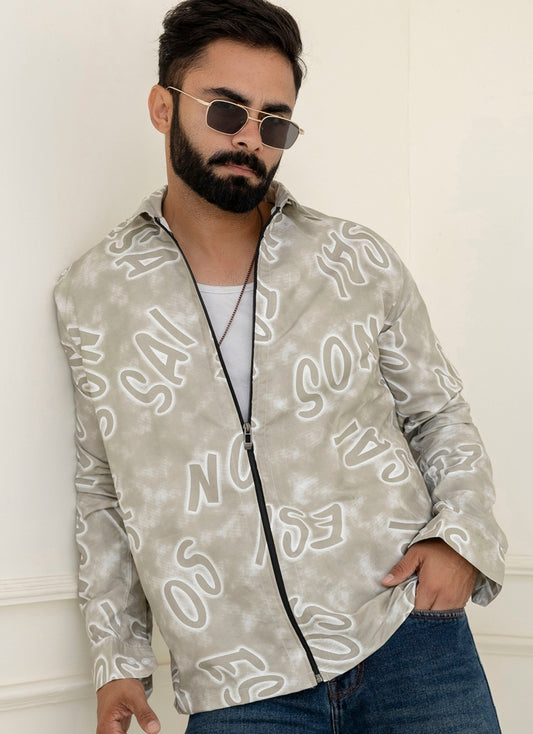 Alphabet Print Zip Beige Shirt