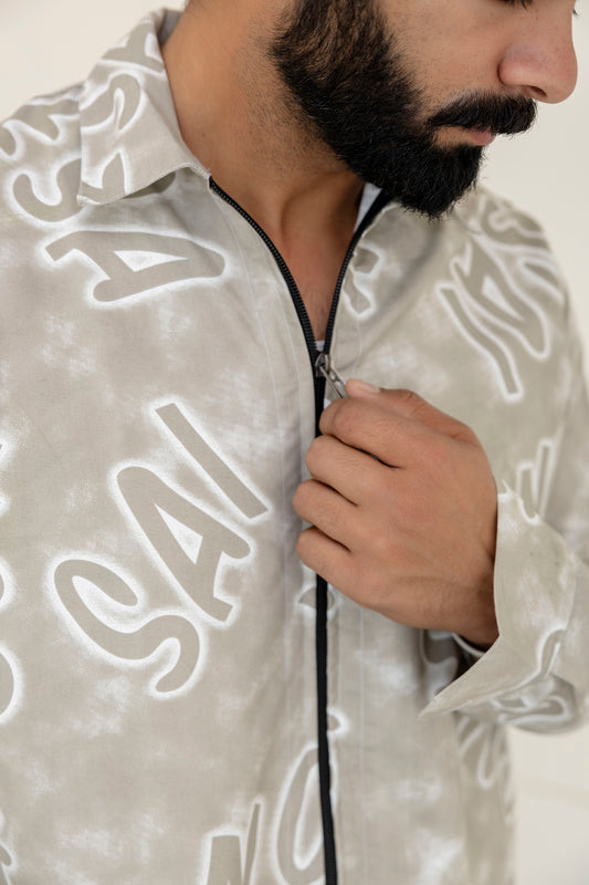 Alphabet Print Zip Beige Shirt