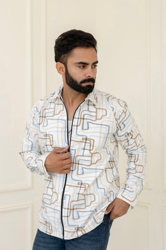 Graphic Print Zip Orange Shirt