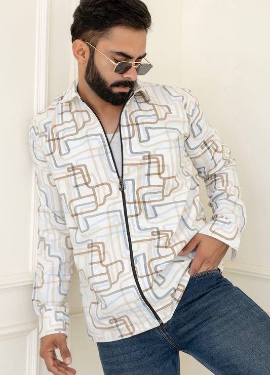 Graphic Print Zip Orange Shirt