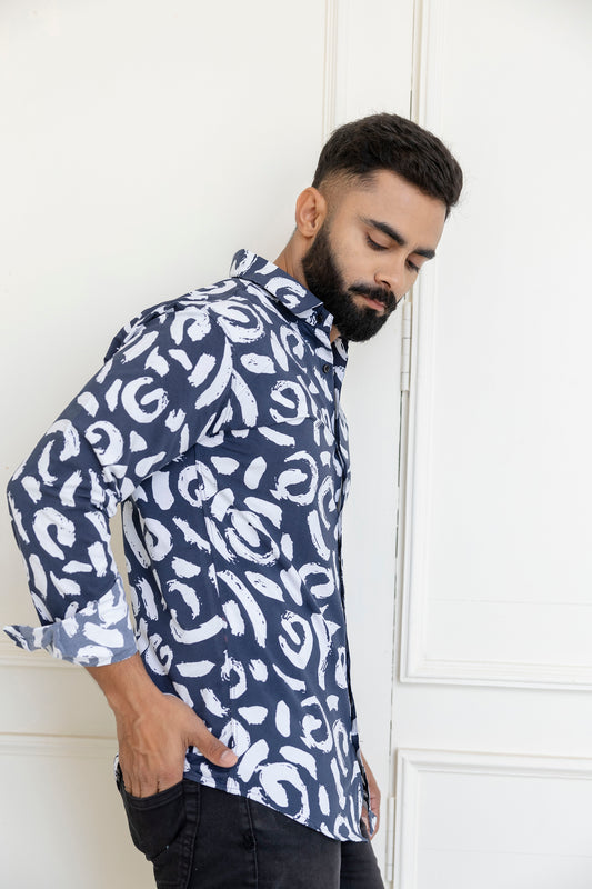 Navy Blue Abstract Print Casual Shirt For Men